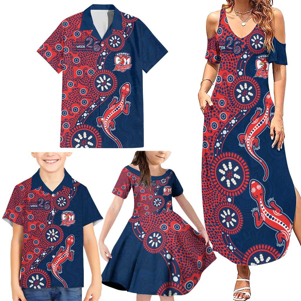 Sydney Roosters NAIDOC Week 2026 Family Matching Summer Maxi Dress and Hawaiian Shirt Aboriginal Lizard Dot Painting - 50 Years of Deadly