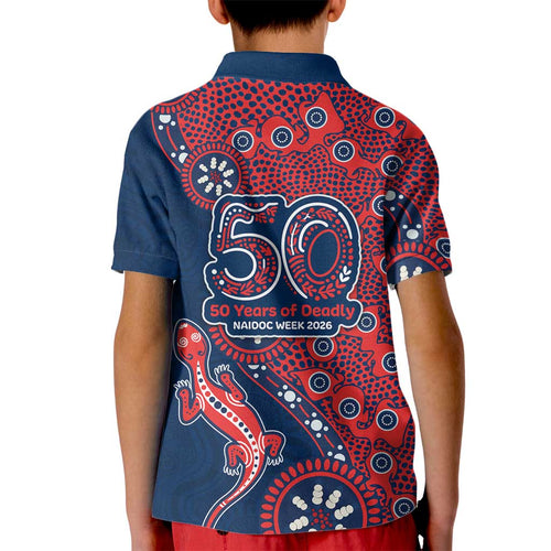 Sydney Roosters NAIDOC Week 2026 Kid Polo Shirt Aboriginal Lizard Dot Painting - 50 Years of Deadly