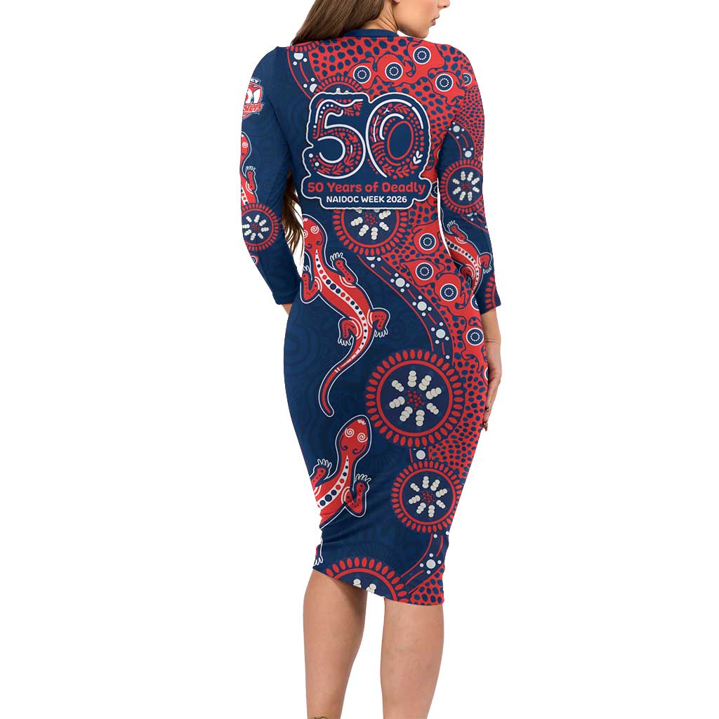 Sydney Roosters NAIDOC Week 2026 Long Sleeve Bodycon Dress Aboriginal Lizard Dot Painting - 50 Years of Deadly