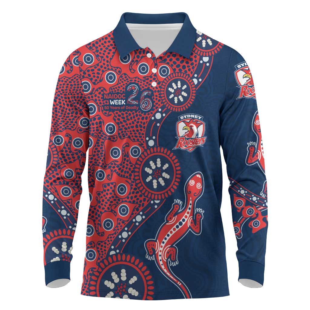 Sydney Roosters NAIDOC Week 2026 Long Sleeve Polo Shirt Aboriginal Lizard Dot Painting - 50 Years of Deadly