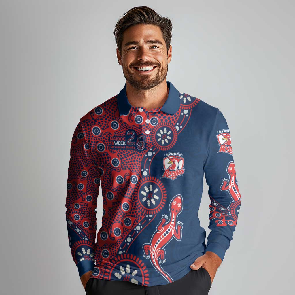 Sydney Roosters NAIDOC Week 2026 Long Sleeve Polo Shirt Aboriginal Lizard Dot Painting - 50 Years of Deadly