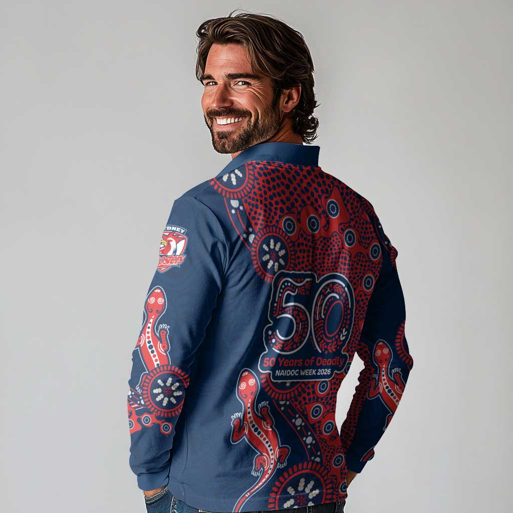 Sydney Roosters NAIDOC Week 2026 Long Sleeve Polo Shirt Aboriginal Lizard Dot Painting - 50 Years of Deadly