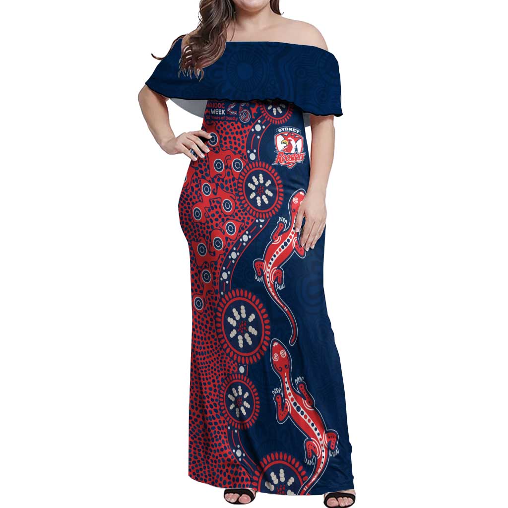 Sydney Roosters NAIDOC Week 2026 Off Shoulder Maxi Dress Aboriginal Lizard Dot Painting - 50 Years of Deadly