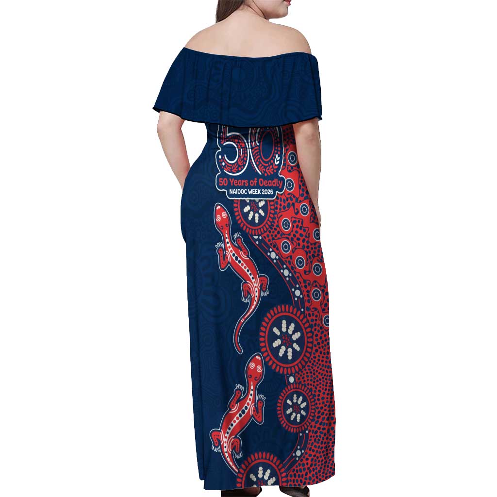 Sydney Roosters NAIDOC Week 2026 Off Shoulder Maxi Dress Aboriginal Lizard Dot Painting - 50 Years of Deadly