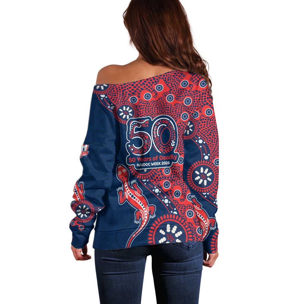 Sydney Roosters NAIDOC Week 2026 Off Shoulder Sweater Aboriginal Lizard Dot Painting - 50 Years of Deadly