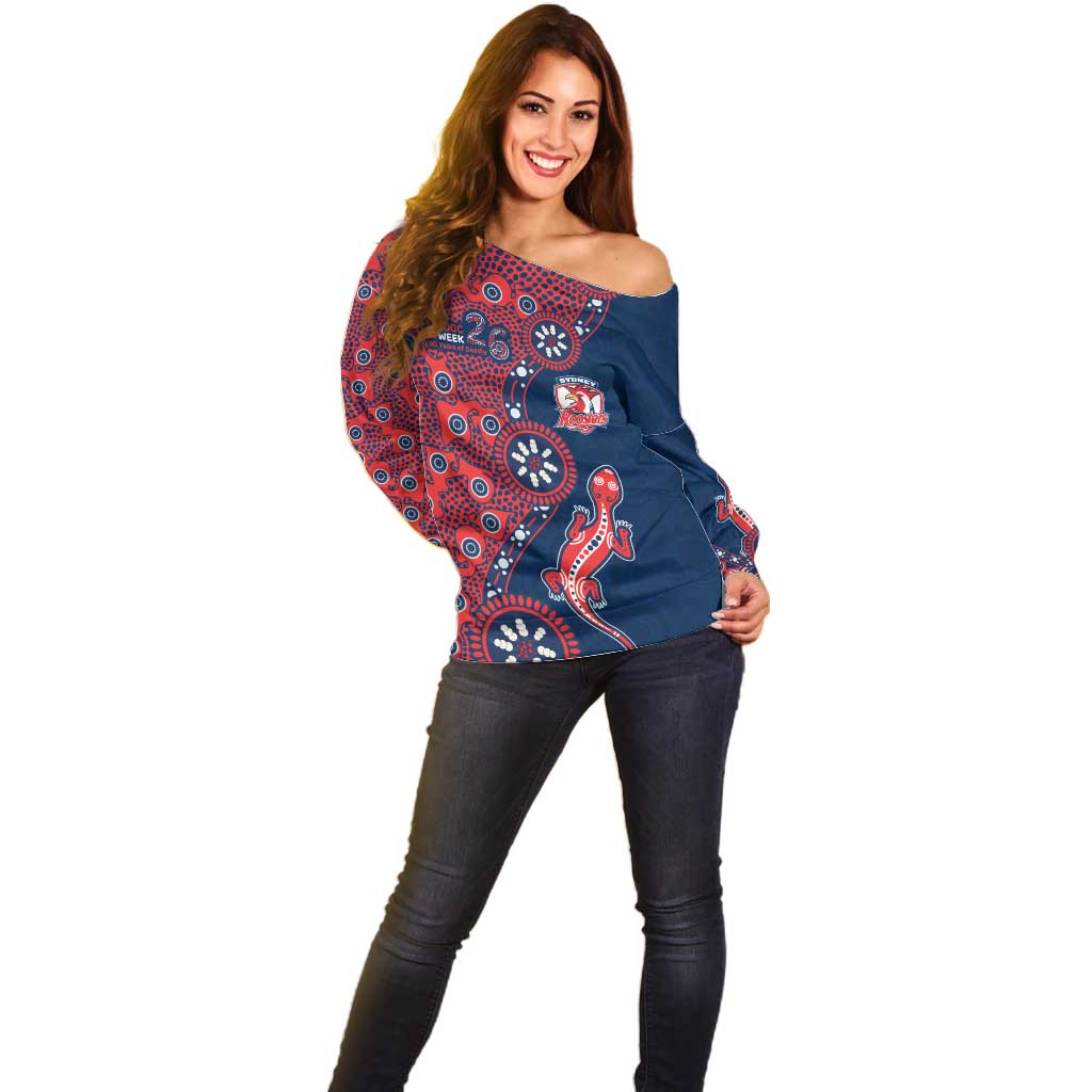 Sydney Roosters NAIDOC Week 2026 Off Shoulder Sweater Aboriginal Lizard Dot Painting - 50 Years of Deadly