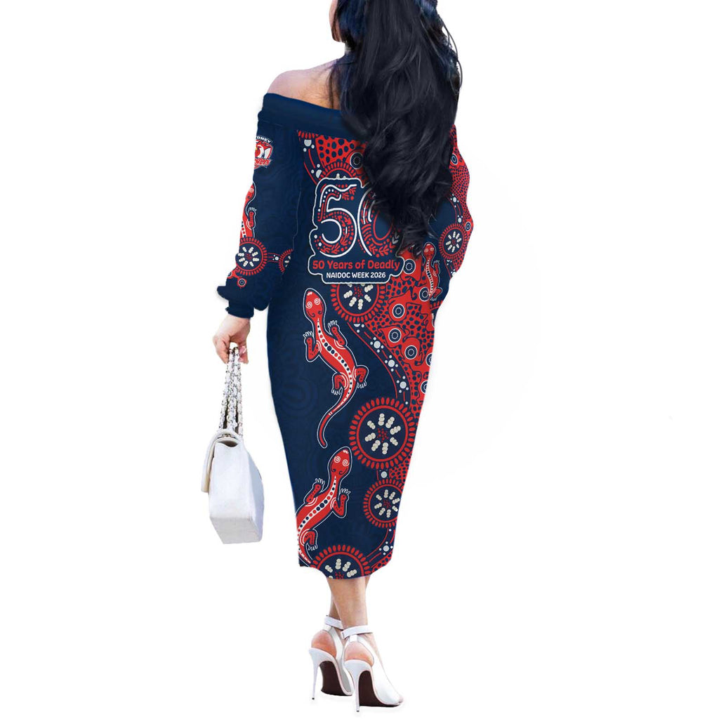 Sydney Roosters NAIDOC Week 2026 Off The Shoulder Long Sleeve Dress Aboriginal Lizard Dot Painting - 50 Years of Deadly