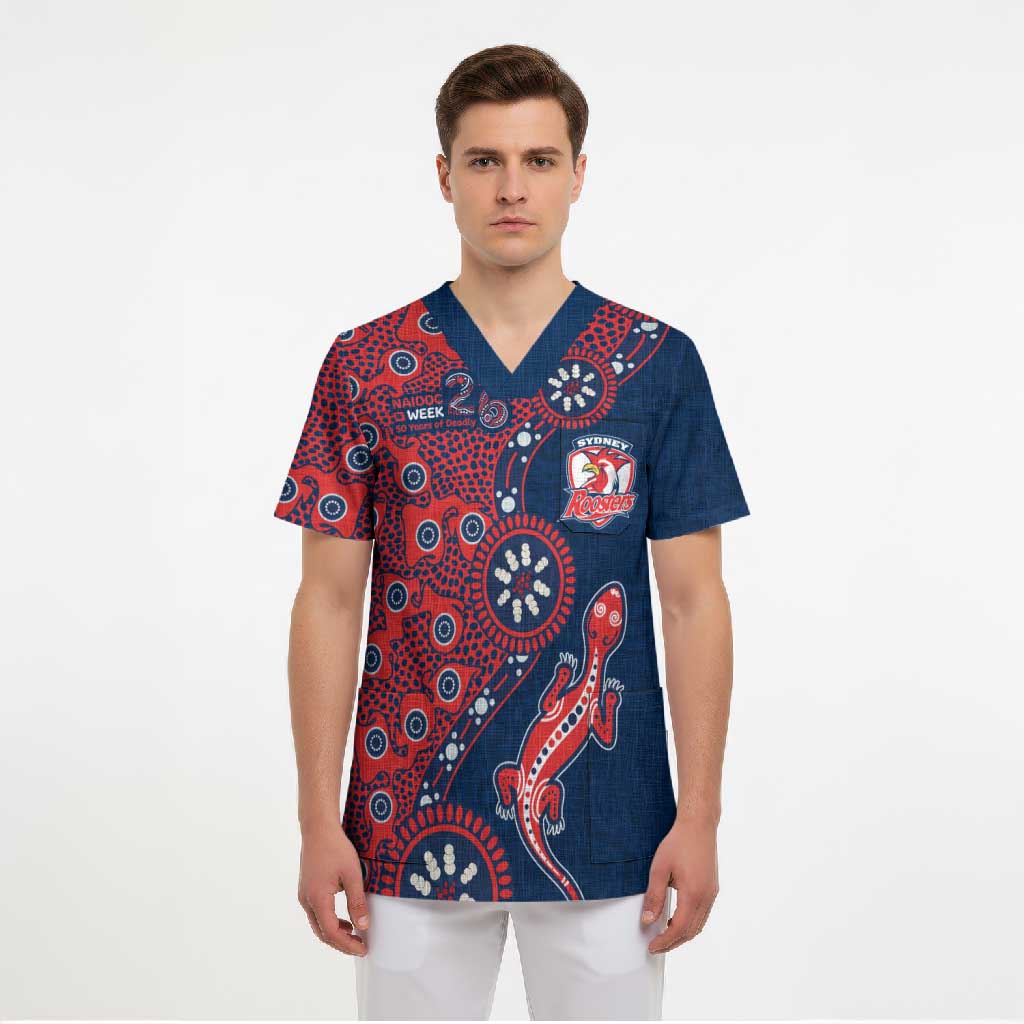 Sydney Roosters NAIDOC Week 2026 Scrub Top Aboriginal Lizard Dot Painting - 50 Years of Deadly