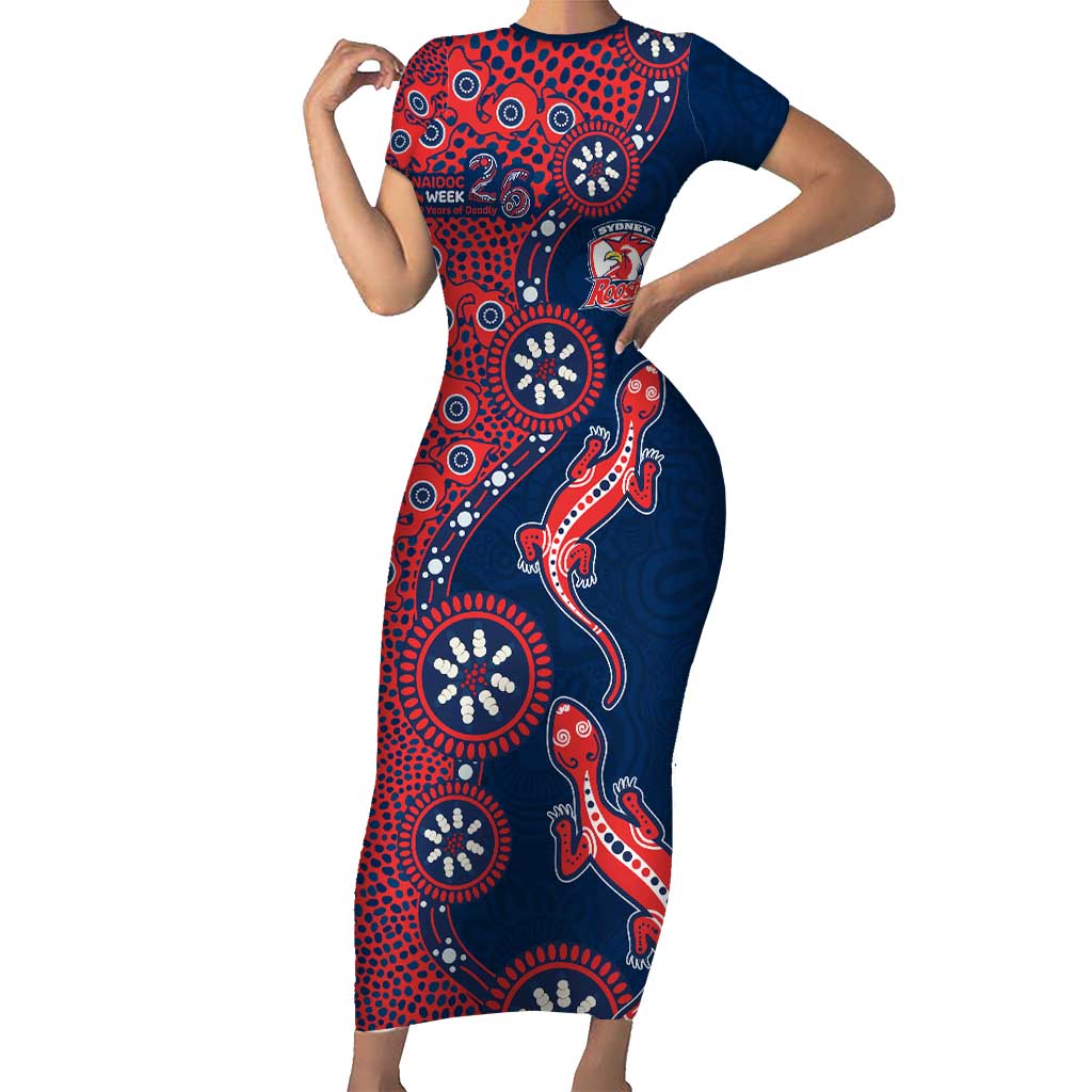 Sydney Roosters NAIDOC Week 2026 Short Sleeve Bodycon Dress Aboriginal Lizard Dot Painting - 50 Years of Deadly
