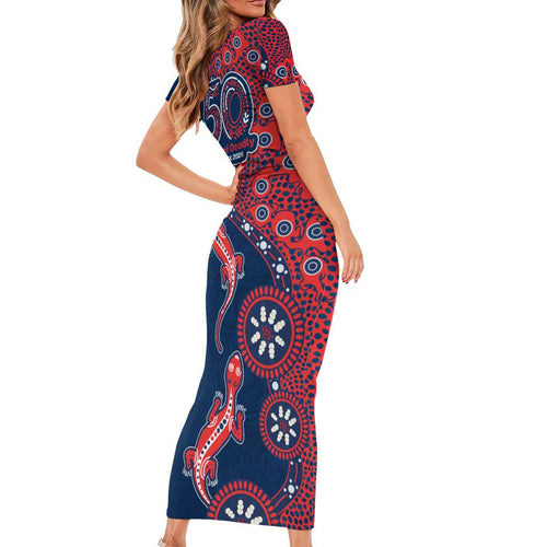 Sydney Roosters NAIDOC Week 2026 Short Sleeve Bodycon Dress Aboriginal Lizard Dot Painting - 50 Years of Deadly