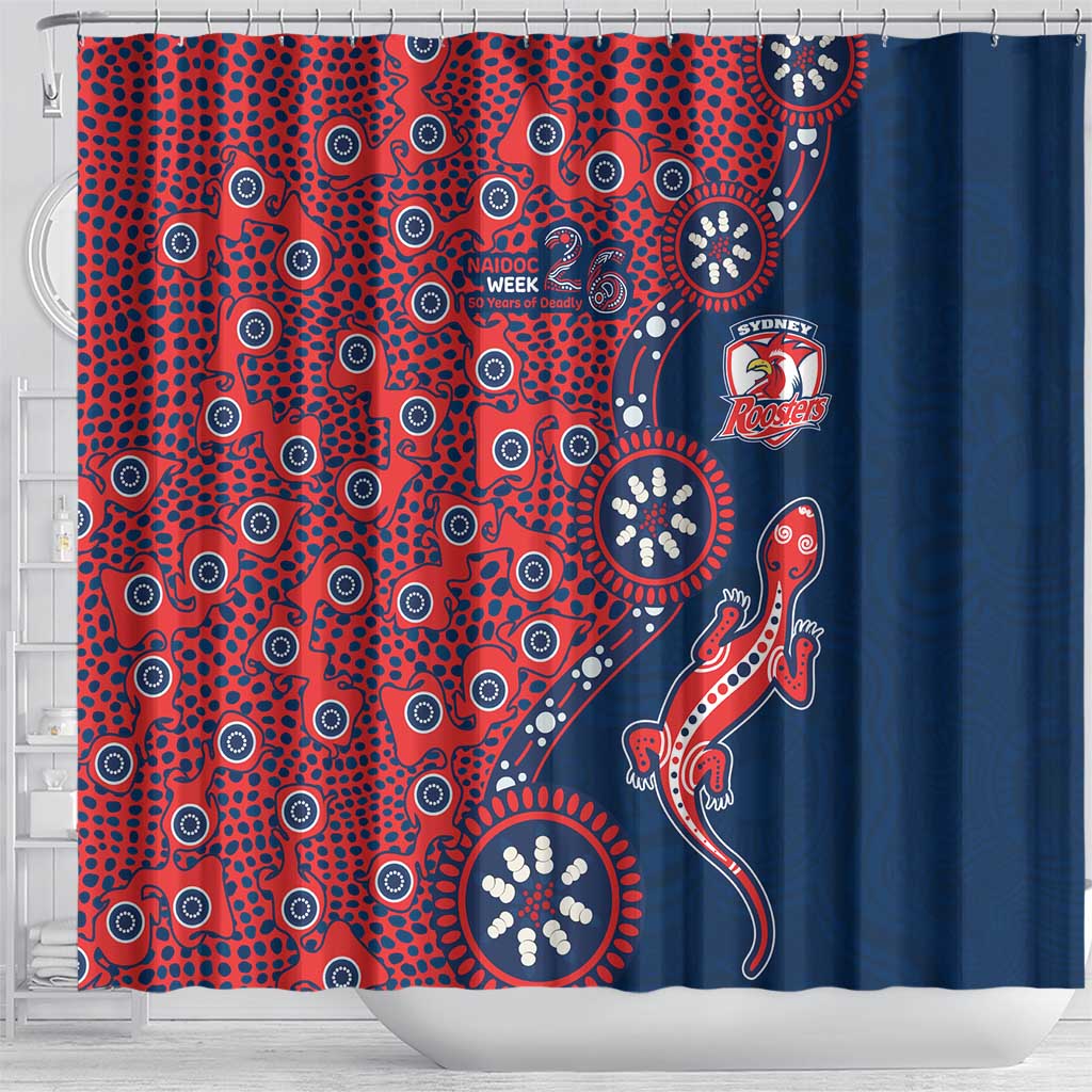 Sydney Roosters NAIDOC Week 2026 Shower Curtain Aboriginal Lizard Dot Painting - 50 Years of Deadly