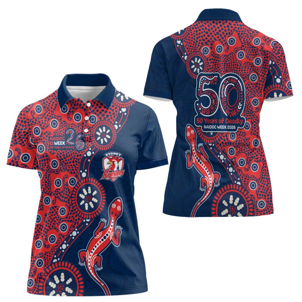 Sydney Roosters NAIDOC Week 2026 Women Polo Shirt Aboriginal Lizard Dot Painting - 50 Years of Deadly