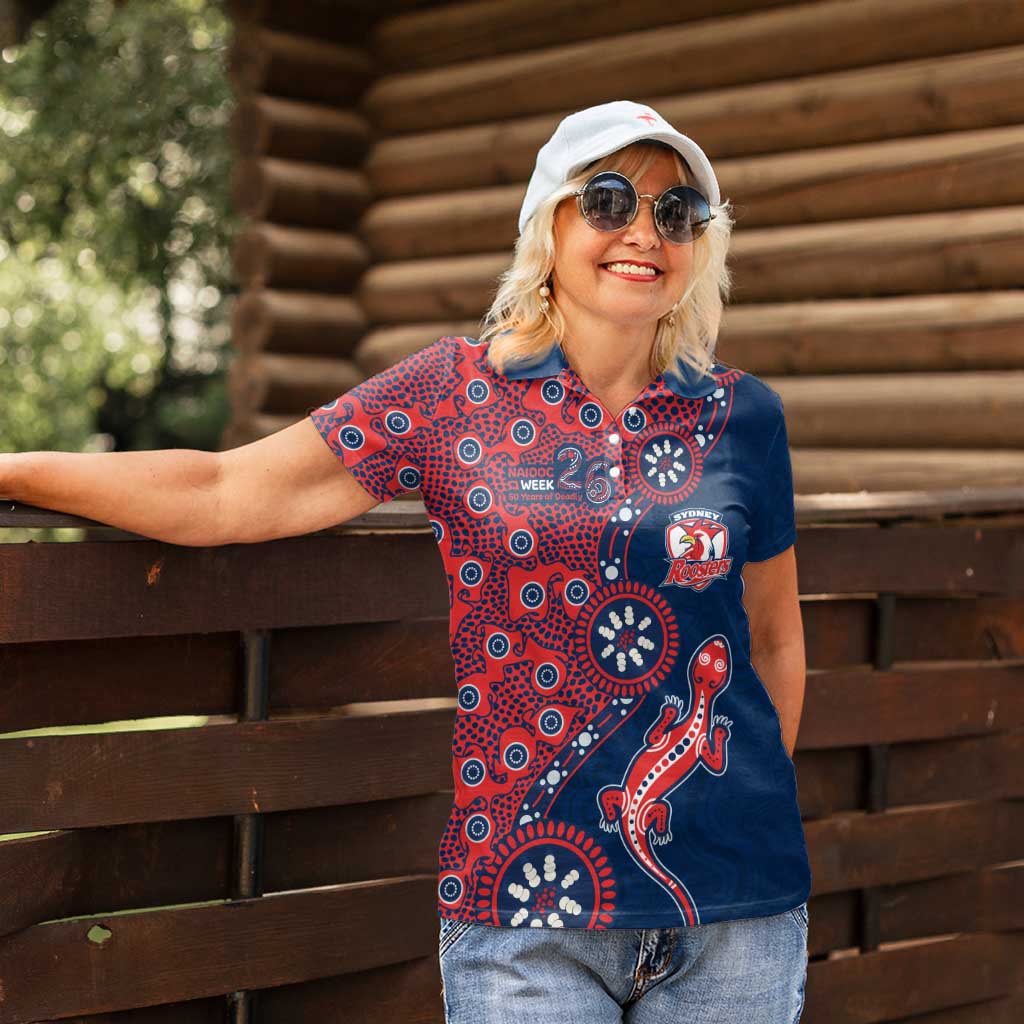 Sydney Roosters NAIDOC Week 2026 Women Polo Shirt Aboriginal Lizard Dot Painting - 50 Years of Deadly