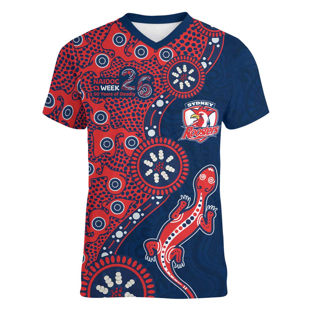 Sydney Roosters NAIDOC Week 2026 Women V-Neck T-Shirt Aboriginal Lizard Dot Painting - 50 Years of Deadly