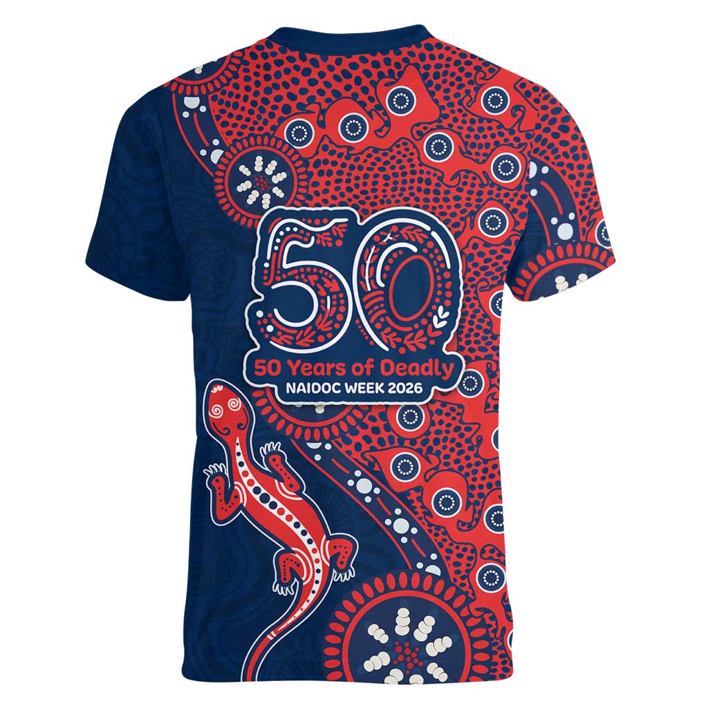 Sydney Roosters NAIDOC Week 2026 Women V-Neck T-Shirt Aboriginal Lizard Dot Painting - 50 Years of Deadly