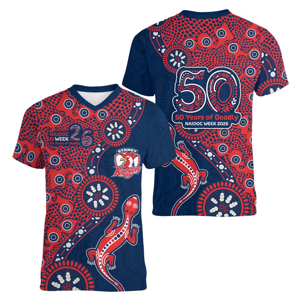 Sydney Roosters NAIDOC Week 2026 Women V-Neck T-Shirt Aboriginal Lizard Dot Painting - 50 Years of Deadly