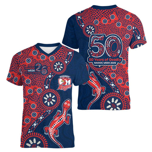 Sydney Roosters NAIDOC Week 2026 Women V-Neck T-Shirt Aboriginal Lizard Dot Painting - 50 Years of Deadly