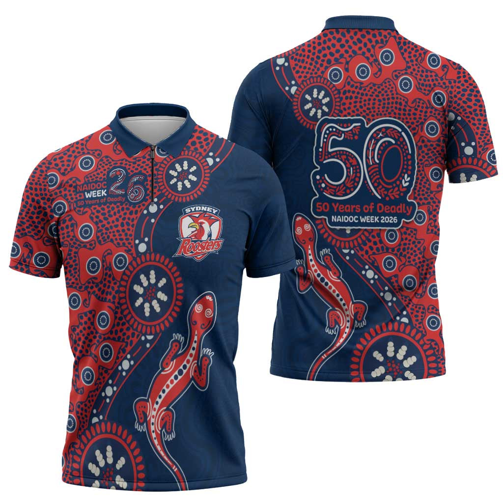 Sydney Roosters NAIDOC Week 2026 Zipper Polo Shirt Aboriginal Lizard Dot Painting - 50 Years of Deadly