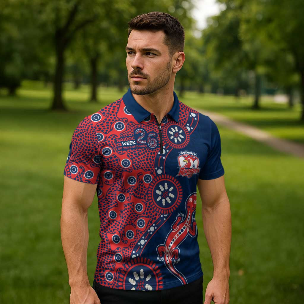 Sydney Roosters NAIDOC Week 2026 Zipper Polo Shirt Aboriginal Lizard Dot Painting - 50 Years of Deadly
