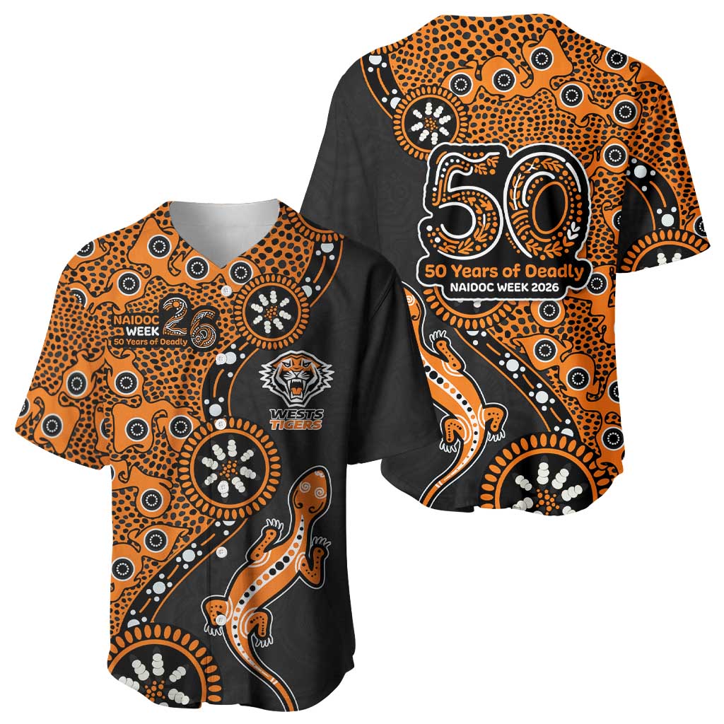 Wests Tigers NAIDOC Week 2026 Baseball Jersey Aboriginal Lizard Dot Painting - 50 Years of Deadly