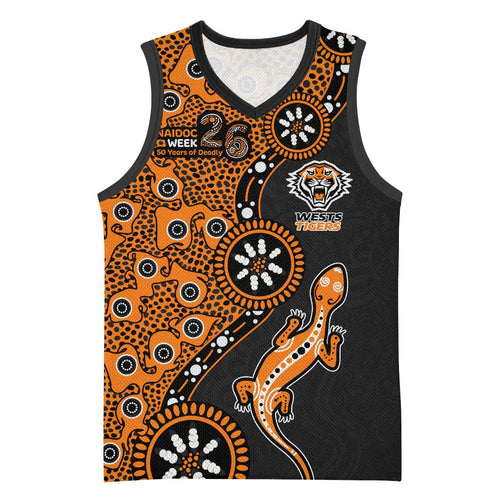 Wests Tigers NAIDOC Week 2026 Basketball Jersey Aboriginal Lizard Dot Painting - 50 Years of Deadly