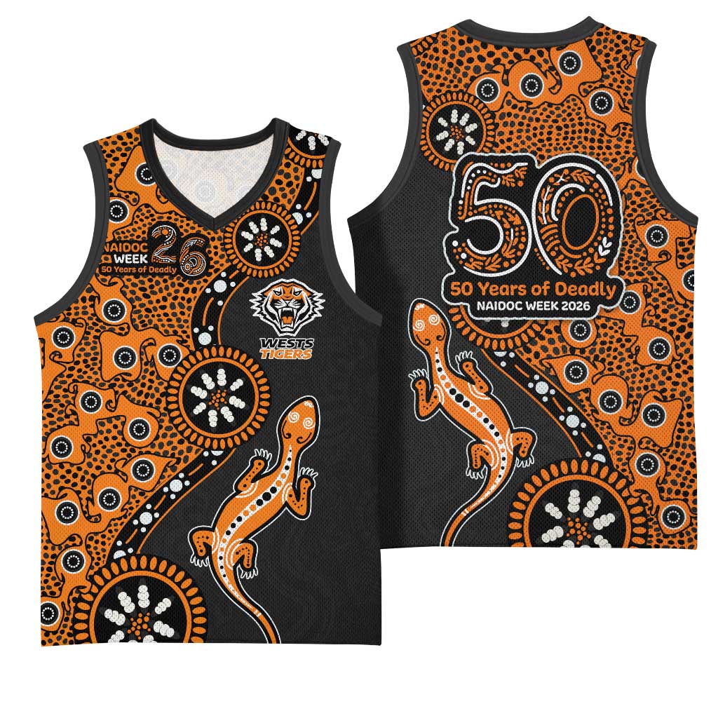 Wests Tigers NAIDOC Week 2026 Basketball Jersey Aboriginal Lizard Dot Painting - 50 Years of Deadly