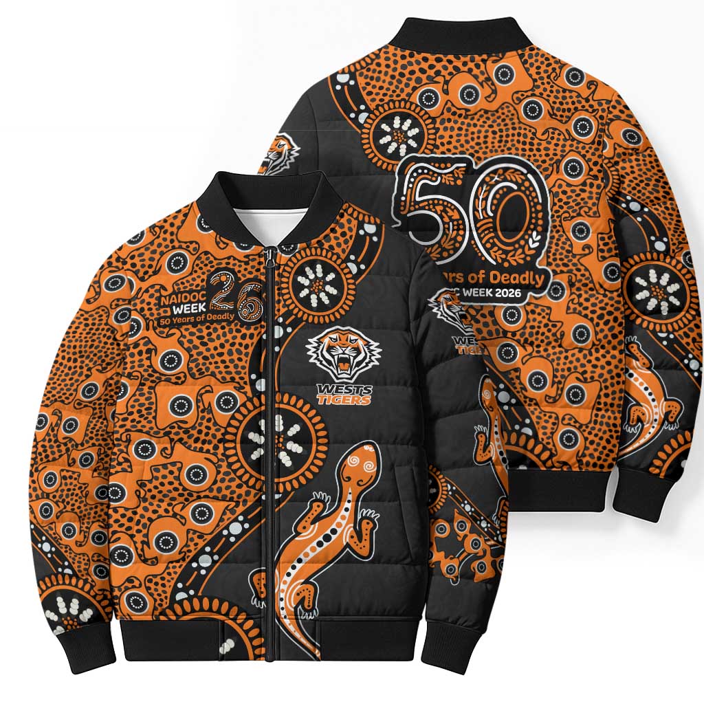 Wests Tigers NAIDOC Week 2026 Bomber Puffer Jacket Aboriginal Lizard Dot Painting - 50 Years of Deadly