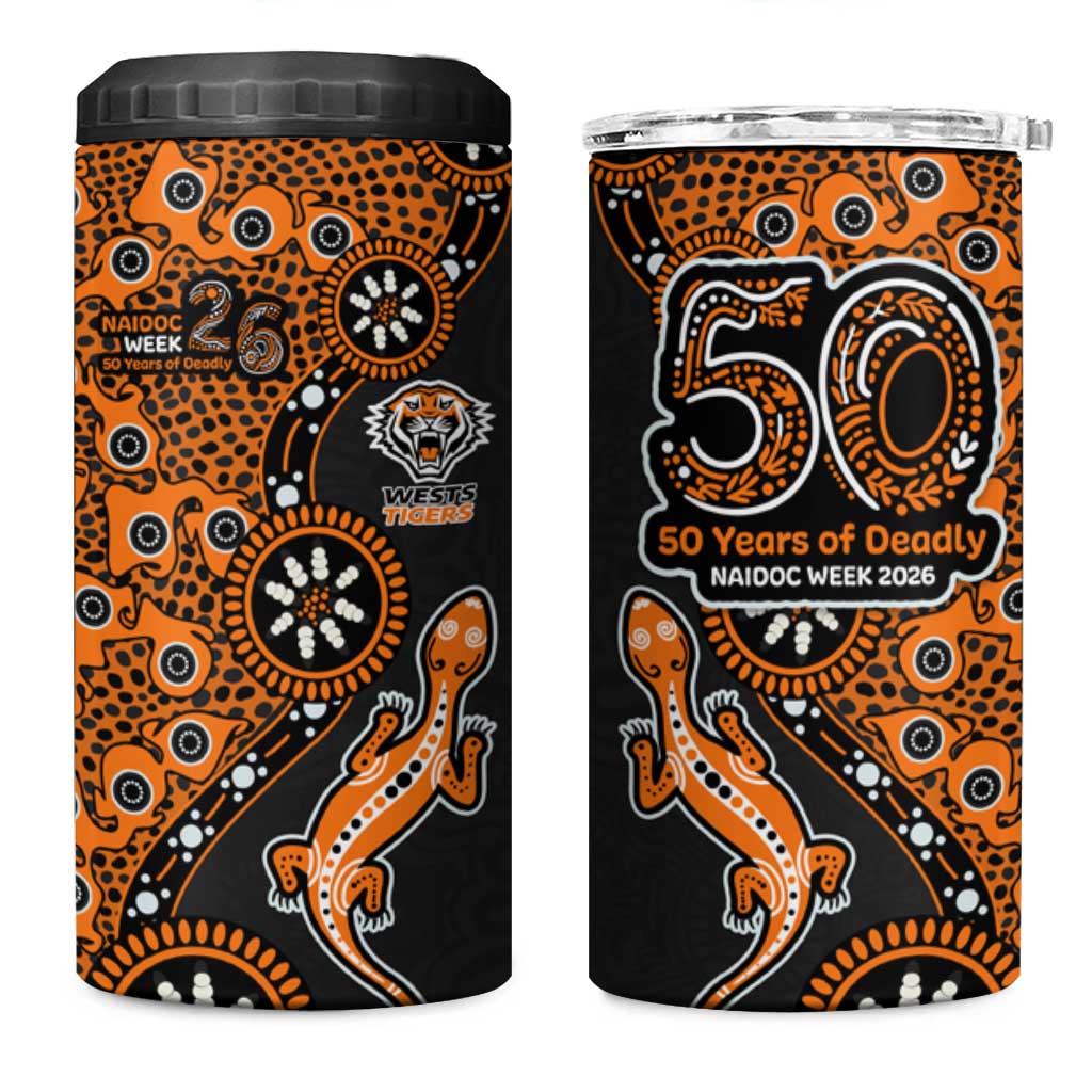 Wests Tigers NAIDOC Week 2026 4 in 1 Can Cooler Tumbler Aboriginal Lizard Dot Painting - 50 Years of Deadly
