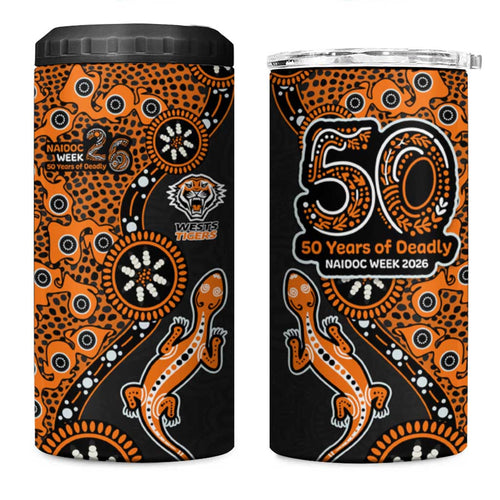 Wests Tigers NAIDOC Week 2026 4 in 1 Can Cooler Tumbler Aboriginal Lizard Dot Painting - 50 Years of Deadly