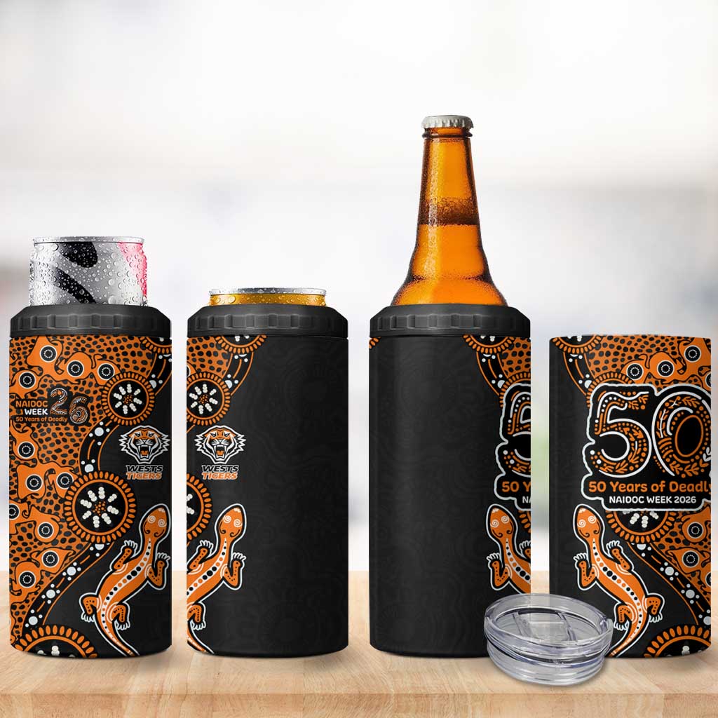 Wests Tigers NAIDOC Week 2026 4 in 1 Can Cooler Tumbler Aboriginal Lizard Dot Painting - 50 Years of Deadly
