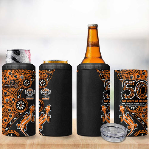 Wests Tigers NAIDOC Week 2026 4 in 1 Can Cooler Tumbler Aboriginal Lizard Dot Painting - 50 Years of Deadly