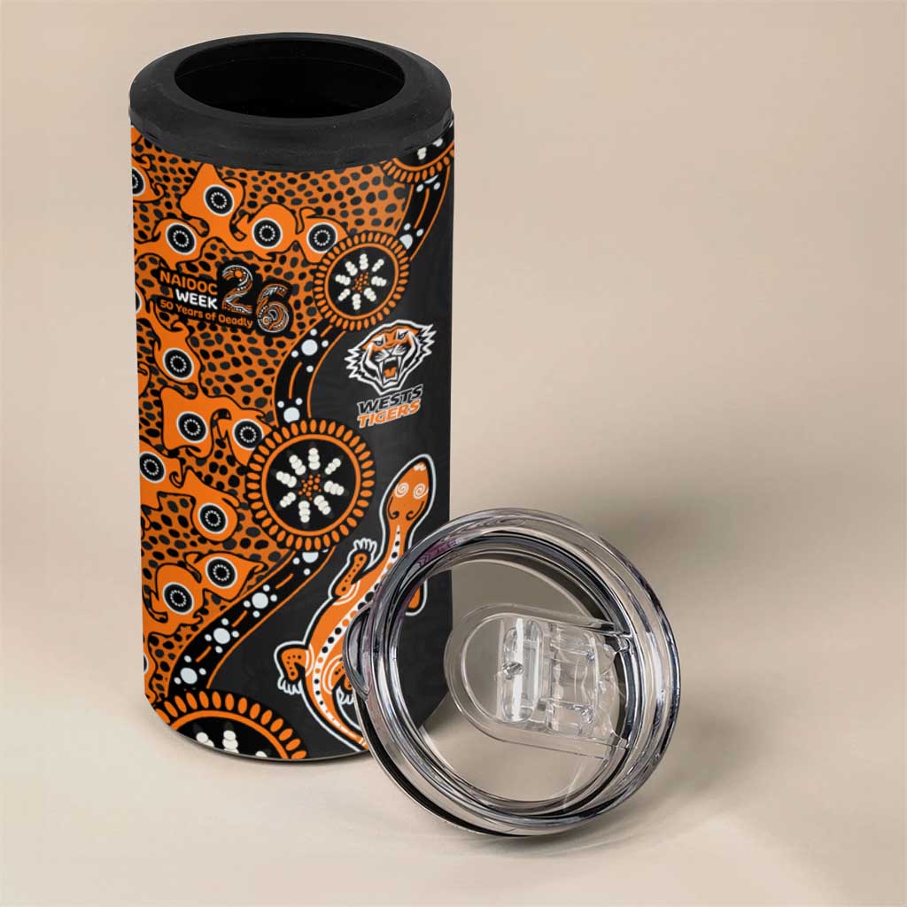 Wests Tigers NAIDOC Week 2026 4 in 1 Can Cooler Tumbler Aboriginal Lizard Dot Painting - 50 Years of Deadly