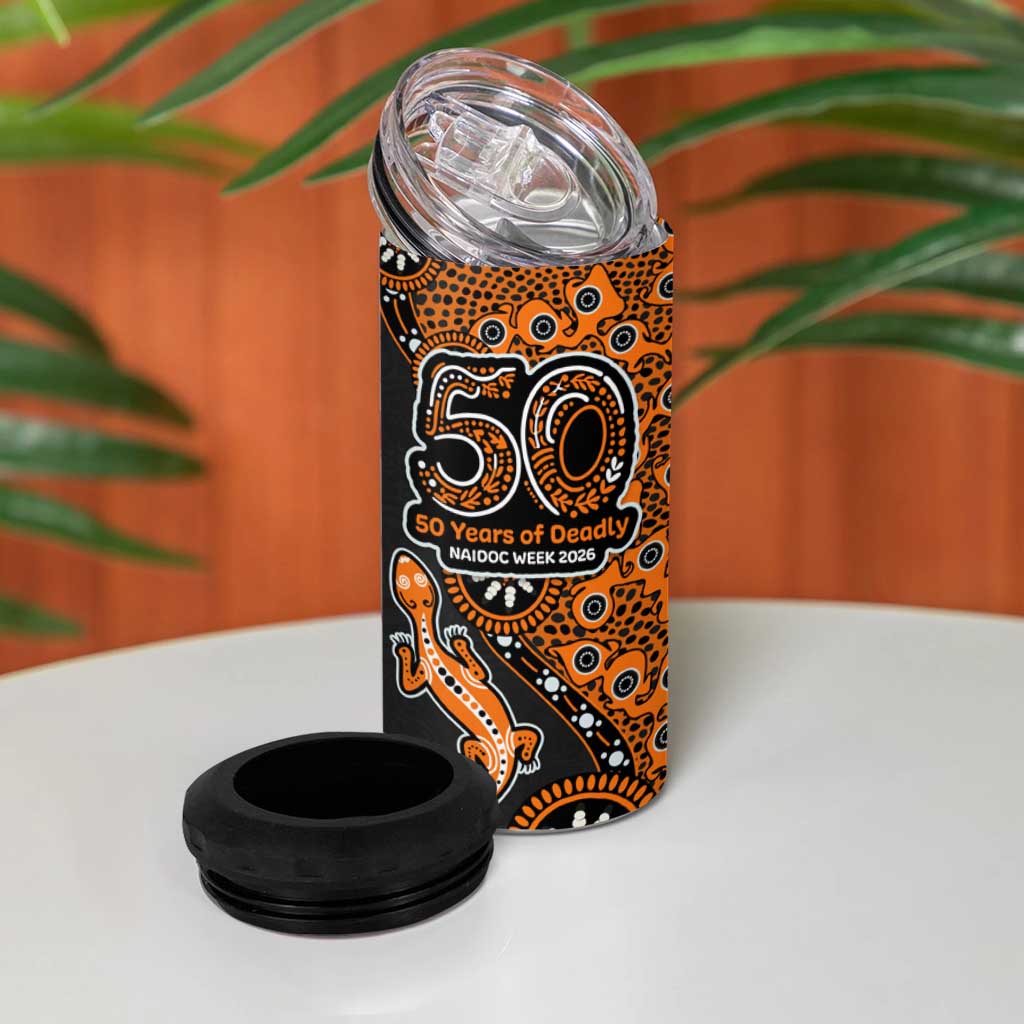 Wests Tigers NAIDOC Week 2026 4 in 1 Can Cooler Tumbler Aboriginal Lizard Dot Painting - 50 Years of Deadly