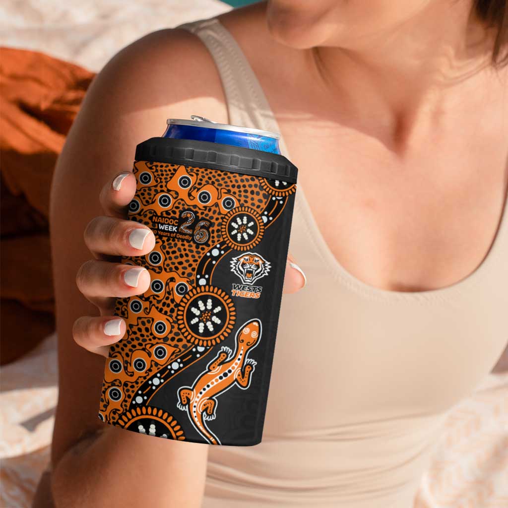 Wests Tigers NAIDOC Week 2026 4 in 1 Can Cooler Tumbler Aboriginal Lizard Dot Painting - 50 Years of Deadly