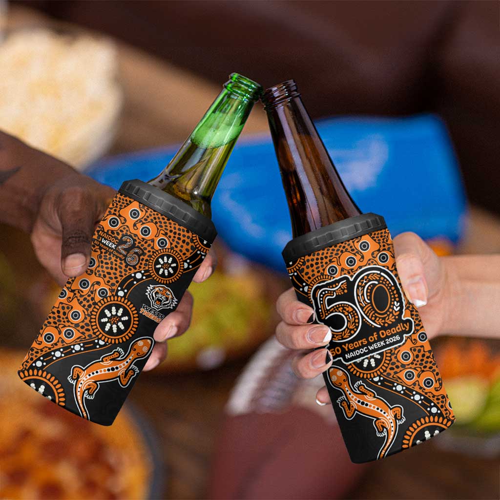 Wests Tigers NAIDOC Week 2026 4 in 1 Can Cooler Tumbler Aboriginal Lizard Dot Painting - 50 Years of Deadly