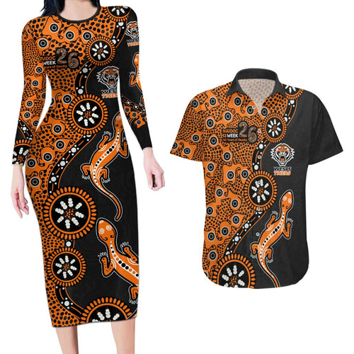 Wests Tigers NAIDOC Week 2026 Couples Matching Long Sleeve Bodycon Dress and Hawaiian Shirt Aboriginal Lizard Dot Painting - 50 Years of Deadly
