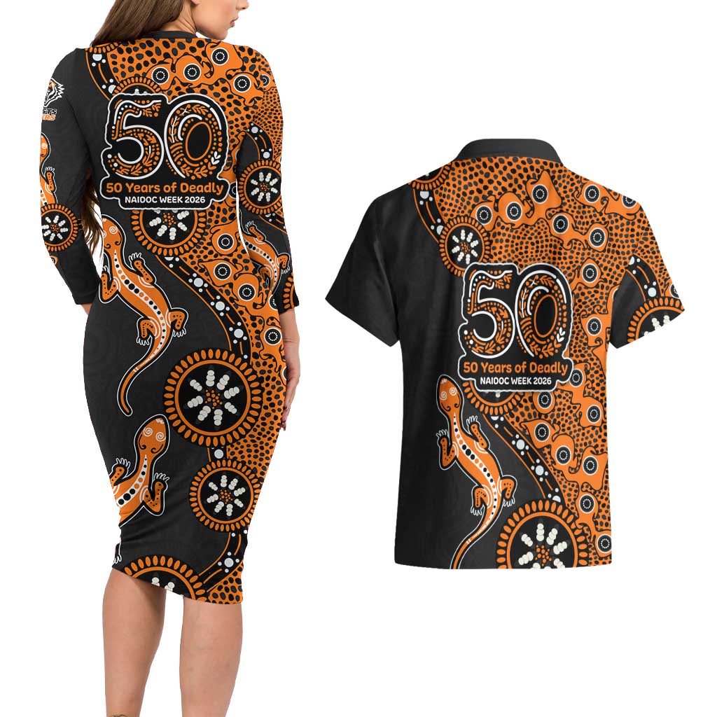 Wests Tigers NAIDOC Week 2026 Couples Matching Long Sleeve Bodycon Dress and Hawaiian Shirt Aboriginal Lizard Dot Painting - 50 Years of Deadly