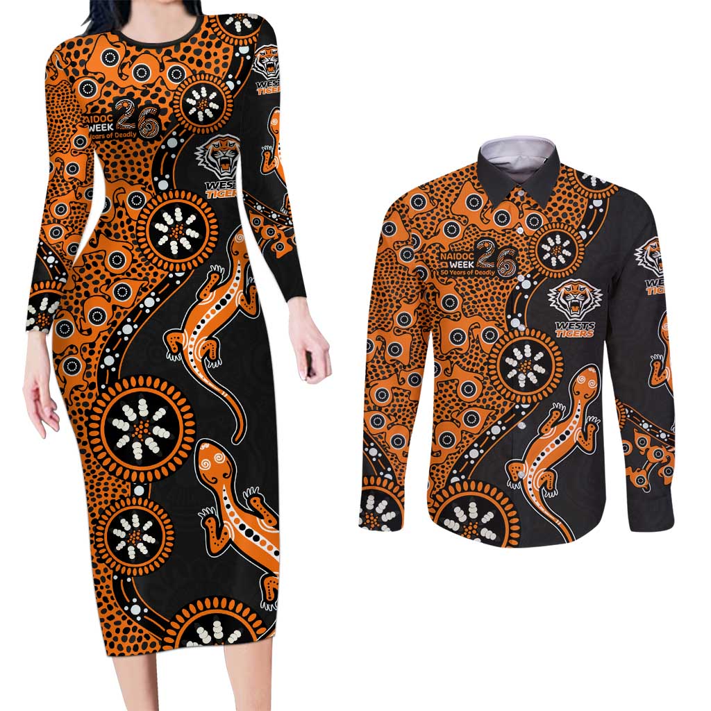 Wests Tigers NAIDOC Week 2026 Couples Matching Long Sleeve Bodycon Dress and Long Sleeve Button Shirt Aboriginal Lizard Dot Painting - 50 Years of Deadly
