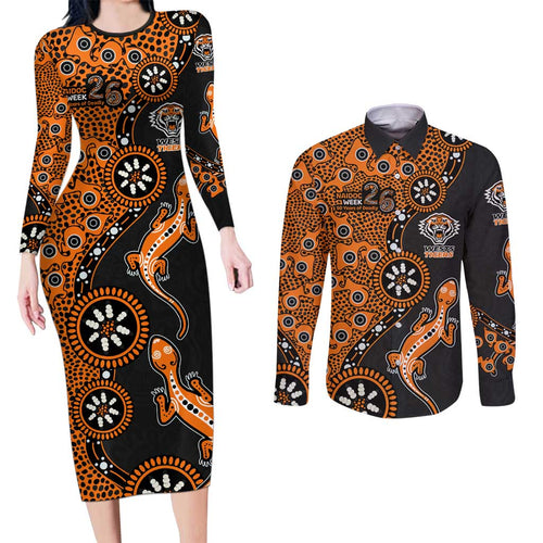 Wests Tigers NAIDOC Week 2026 Couples Matching Long Sleeve Bodycon Dress and Long Sleeve Button Shirt Aboriginal Lizard Dot Painting - 50 Years of Deadly