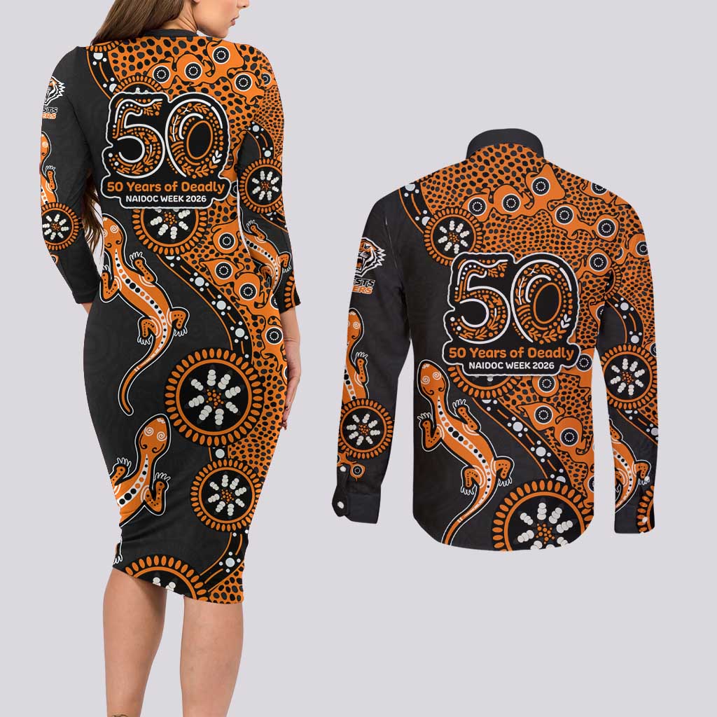 Wests Tigers NAIDOC Week 2026 Couples Matching Long Sleeve Bodycon Dress and Long Sleeve Button Shirt Aboriginal Lizard Dot Painting - 50 Years of Deadly