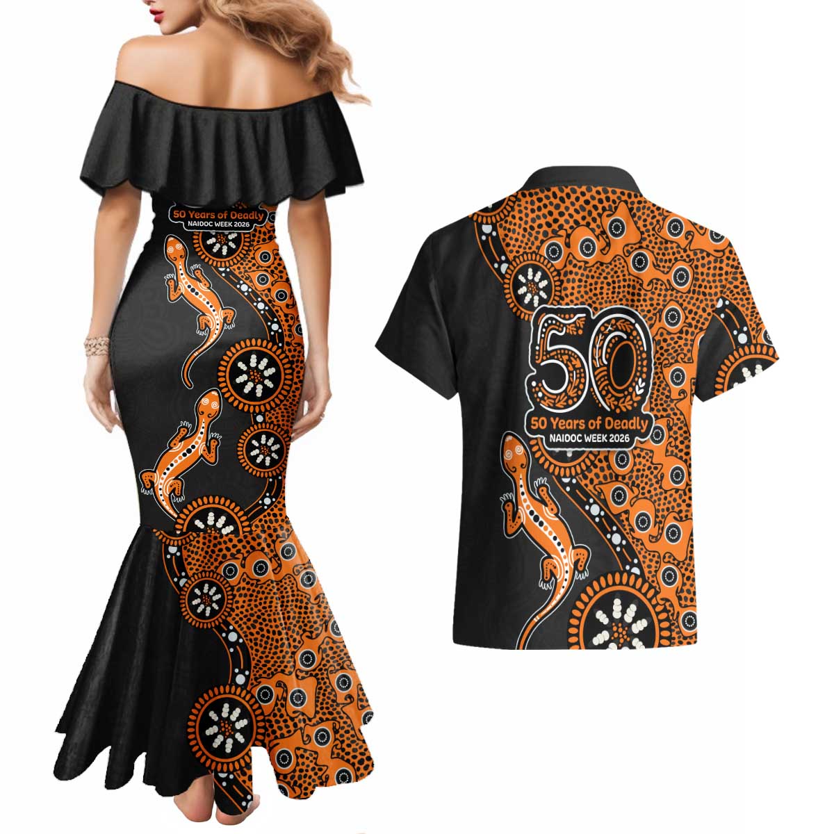 Wests Tigers NAIDOC Week 2026 Couples Matching Mermaid Dress and Hawaiian Shirt Aboriginal Lizard Dot Painting - 50 Years of Deadly