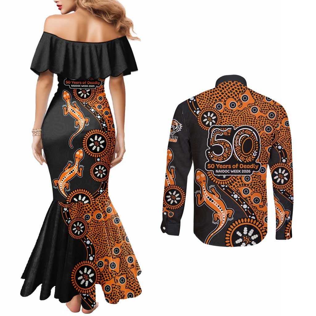 Wests Tigers NAIDOC Week 2026 Couples Matching Mermaid Dress and Long Sleeve Button Shirt Aboriginal Lizard Dot Painting - 50 Years of Deadly