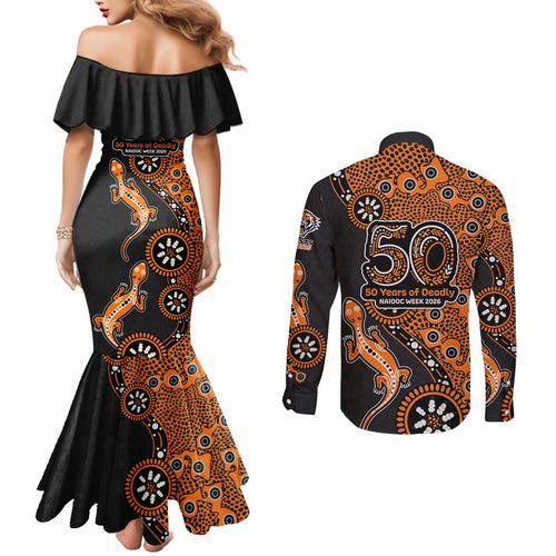 Wests Tigers NAIDOC Week 2026 Couples Matching Mermaid Dress and Long Sleeve Button Shirt Aboriginal Lizard Dot Painting - 50 Years of Deadly