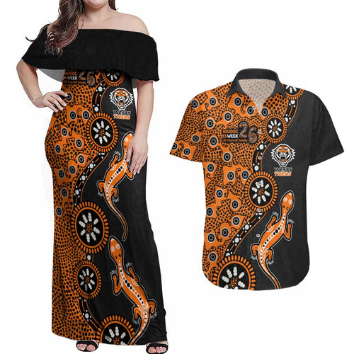 Wests Tigers NAIDOC Week 2026 Couples Matching Off Shoulder Maxi Dress and Hawaiian Shirt Aboriginal Lizard Dot Painting - 50 Years of Deadly