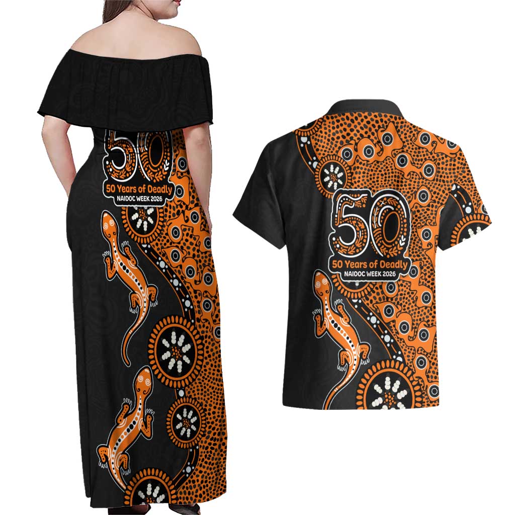 Wests Tigers NAIDOC Week 2026 Couples Matching Off Shoulder Maxi Dress and Hawaiian Shirt Aboriginal Lizard Dot Painting - 50 Years of Deadly