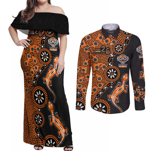 Wests Tigers NAIDOC Week 2026 Couples Matching Off Shoulder Maxi Dress and Long Sleeve Button Shirt Aboriginal Lizard Dot Painting - 50 Years of Deadly