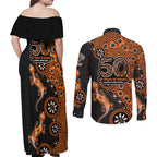 Wests Tigers NAIDOC Week 2026 Couples Matching Off Shoulder Maxi Dress and Long Sleeve Button Shirt Aboriginal Lizard Dot Painting - 50 Years of Deadly