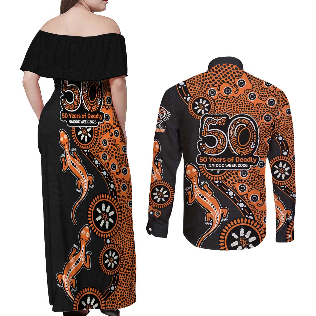 Wests Tigers NAIDOC Week 2026 Couples Matching Off Shoulder Maxi Dress and Long Sleeve Button Shirt Aboriginal Lizard Dot Painting - 50 Years of Deadly