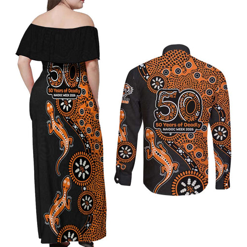 Wests Tigers NAIDOC Week 2026 Couples Matching Off Shoulder Maxi Dress and Long Sleeve Button Shirt Aboriginal Lizard Dot Painting - 50 Years of Deadly