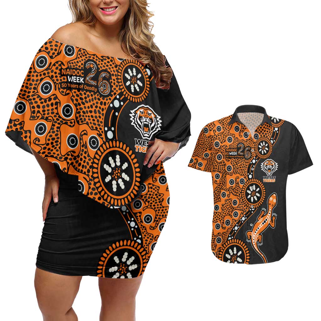 Wests Tigers NAIDOC Week 2026 Couples Matching Off Shoulder Short Dress and Hawaiian Shirt Aboriginal Lizard Dot Painting - 50 Years of Deadly